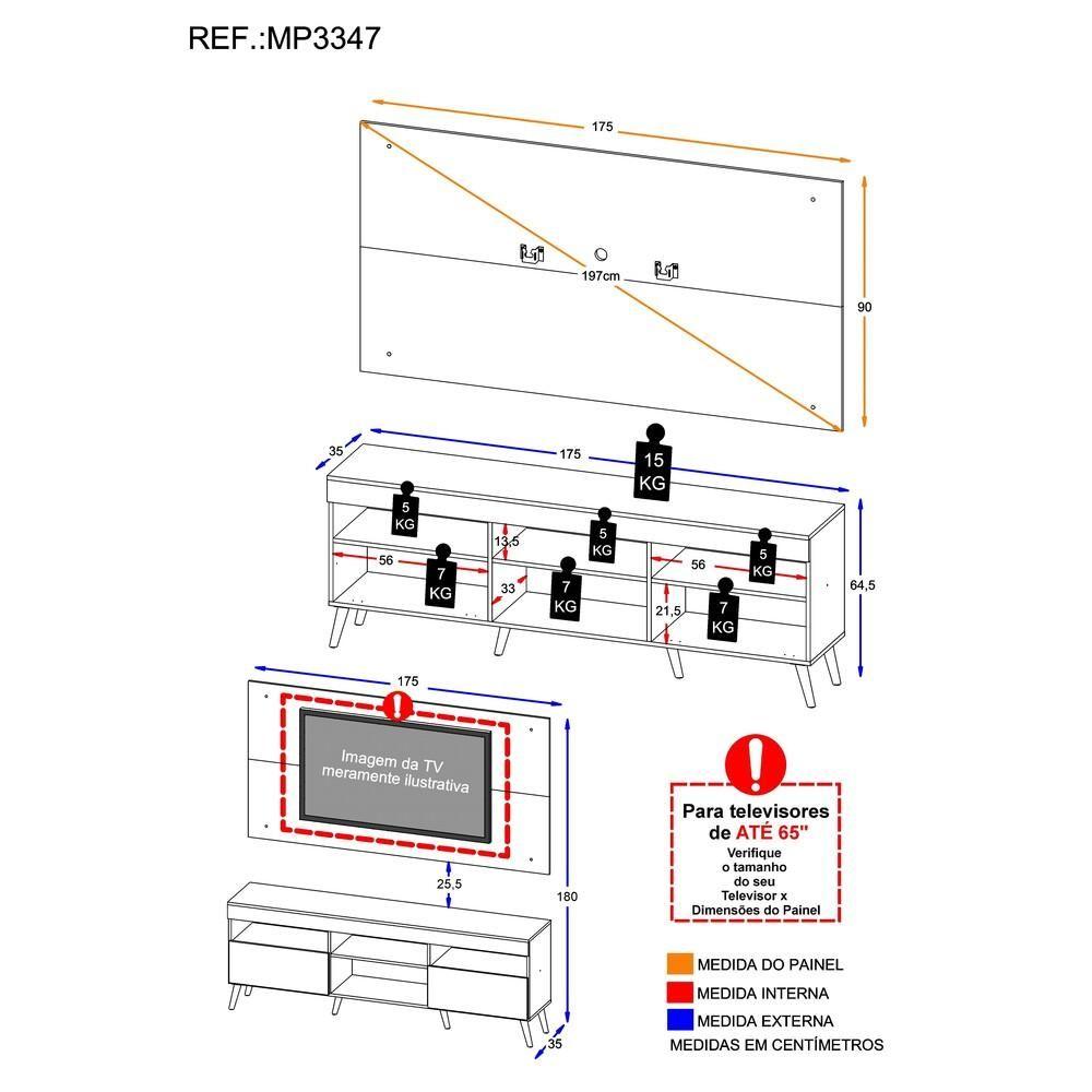 Rack com Painel Tv até 65" Pés Retrô 2 Portas Multimóveis