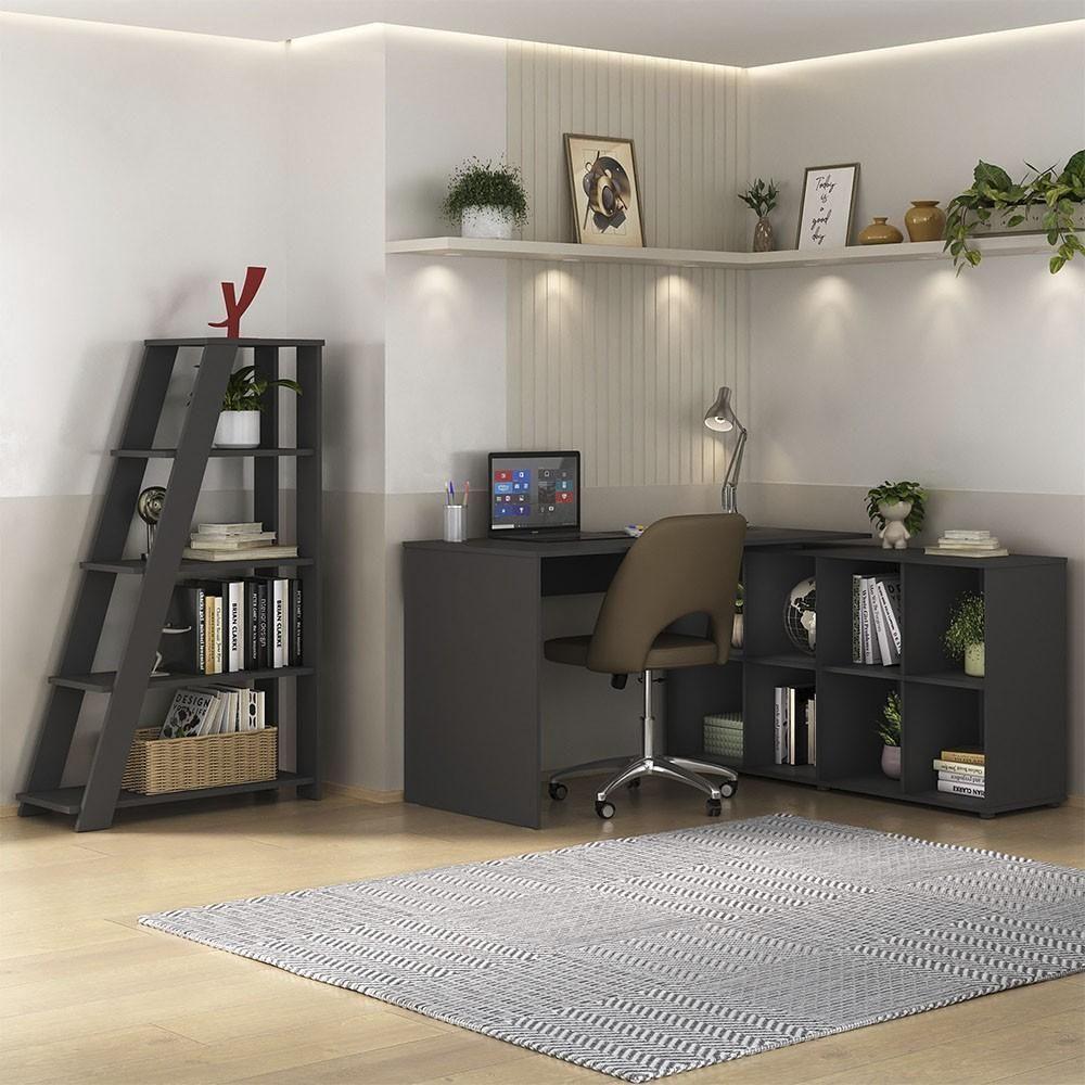 Mesa Escrivaninha Em L Eron E Estante Livreiro Stela A06 Preto - Mpozenato