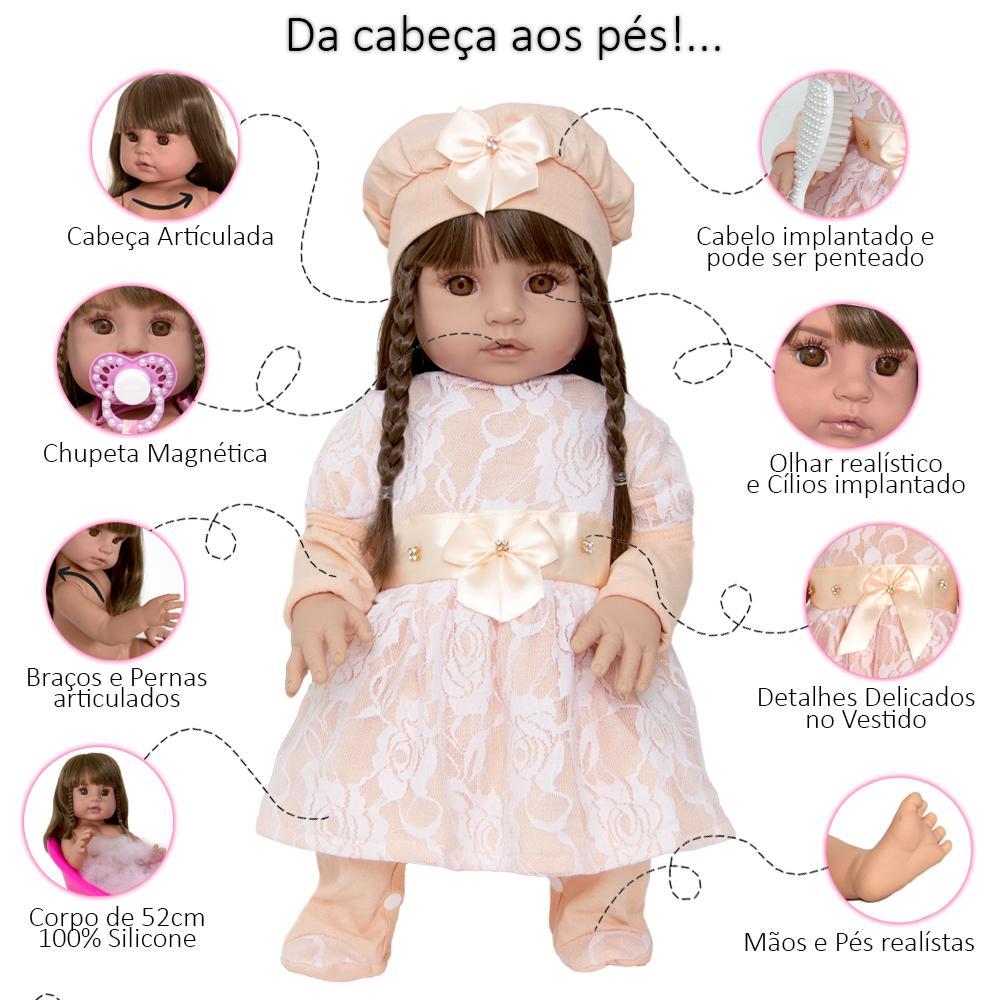 Boneca Bebê Reborn 100% Silicone Cabelos Castanhos 13 Itens