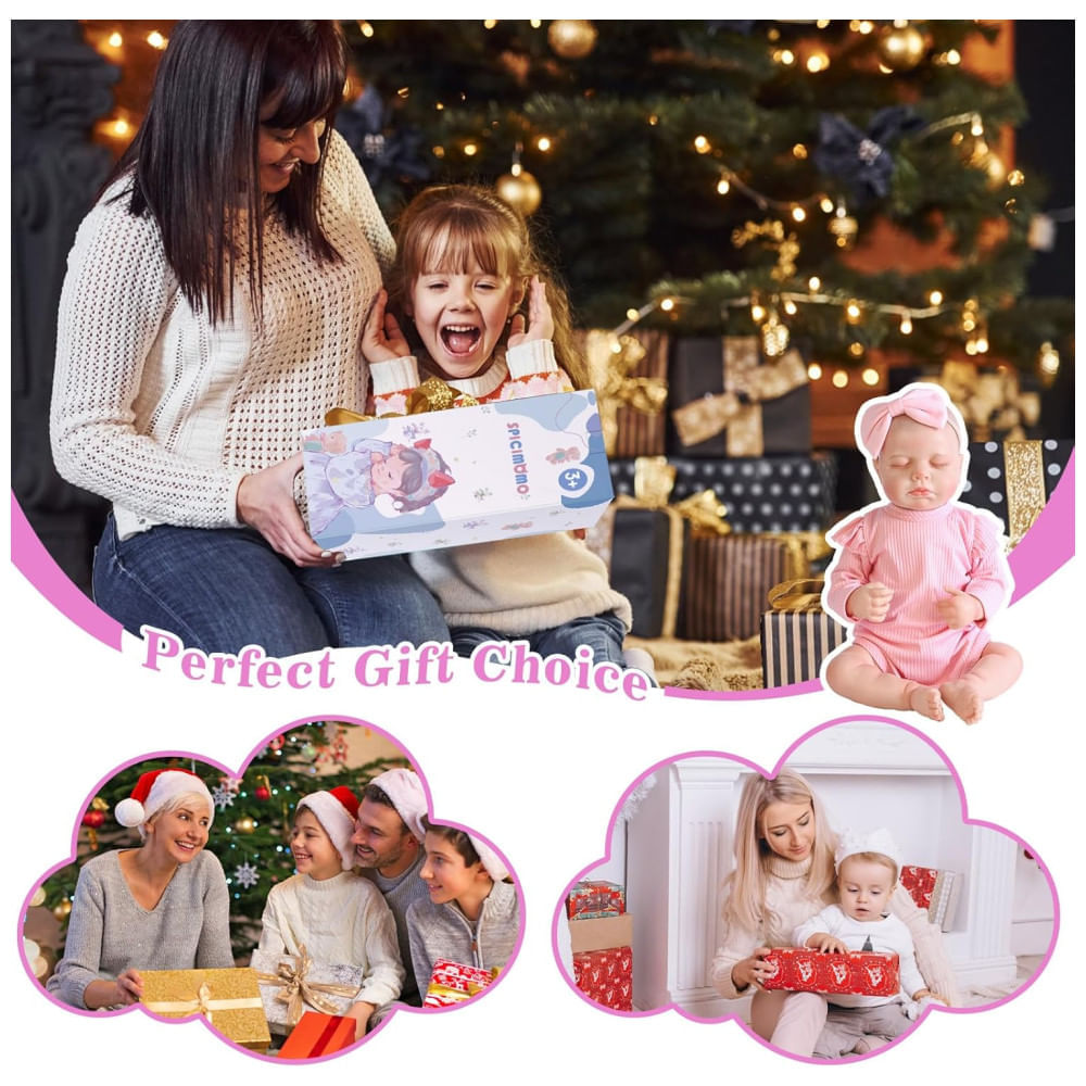 Bebê Recém-Nascido Newborn, Boneca Bebê Reborn Realista de 45 cm Menina com Corpo de Pano e Kit de Alimentação, SPICIMOMO