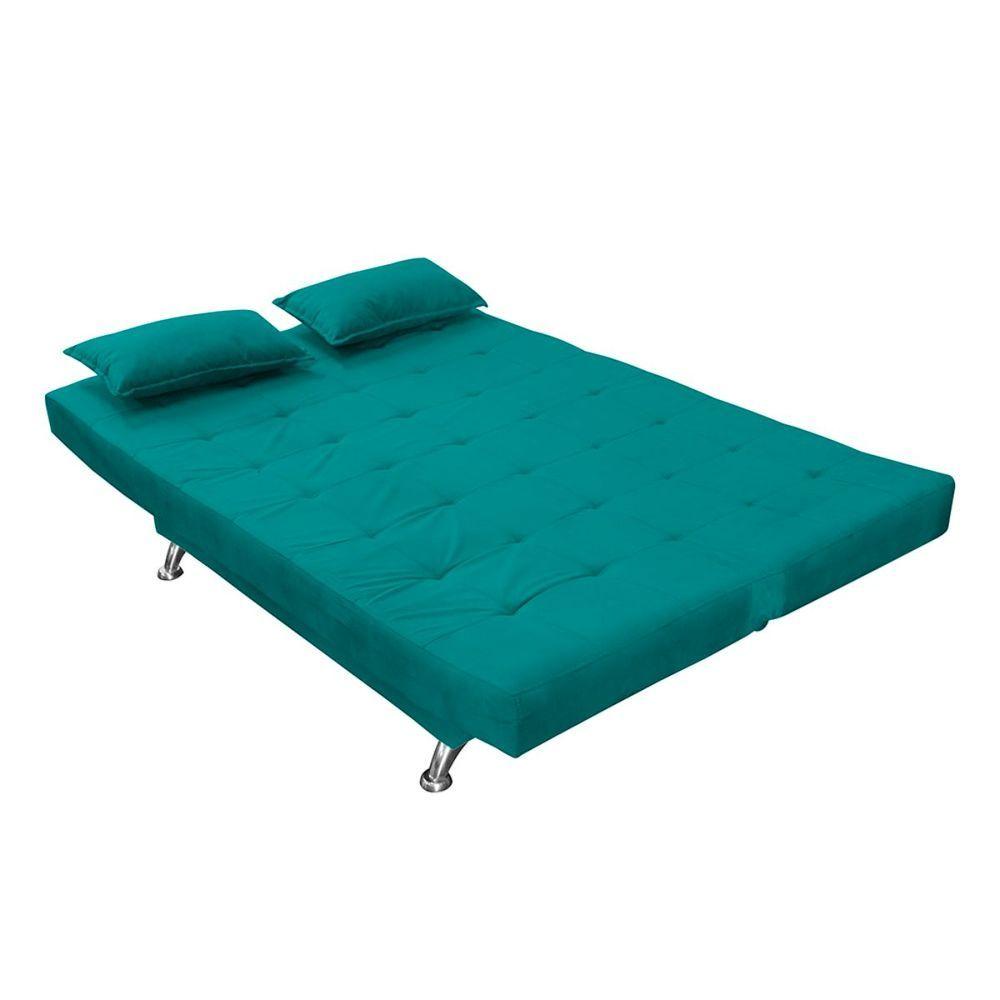 Sofá Cama Casal Com Almofadas Califórnia Suede Azul Turquesa