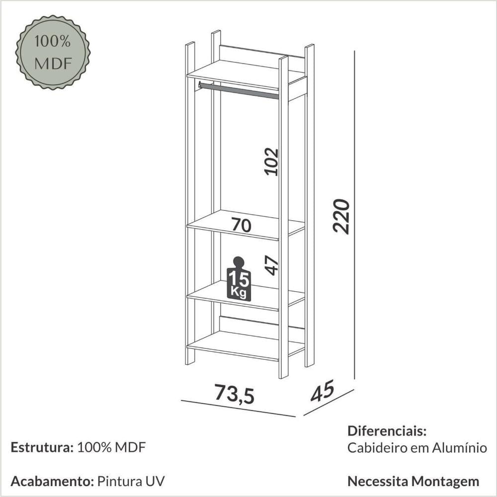 Miniatura Módulo para Closet Cabideiro 220cm Tw402 Freijó/Off White