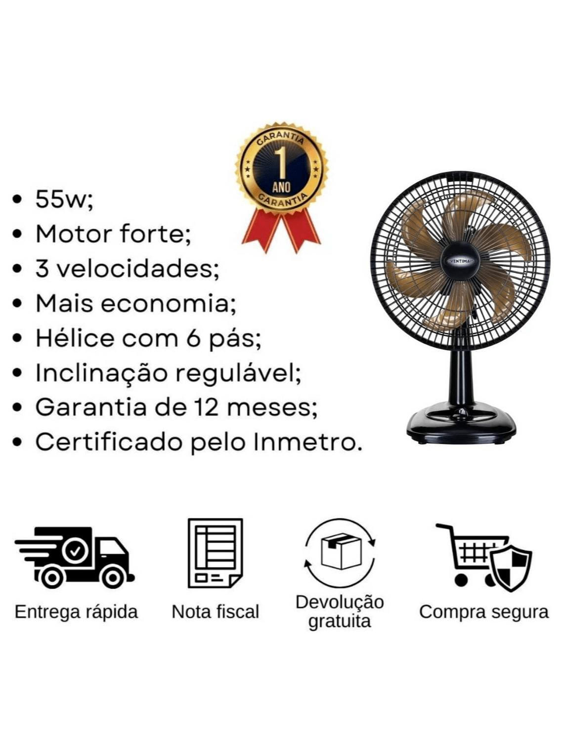 Ventilador Mesa Silencioso 30Cm Turbo 55W Preto 6 Pás Casa