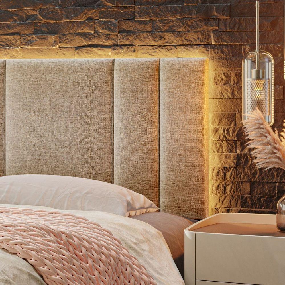 Miniatura Cabeceira Estofada Iluminação Led Cama Casal King Size 200 Cm Cor:linho Bege