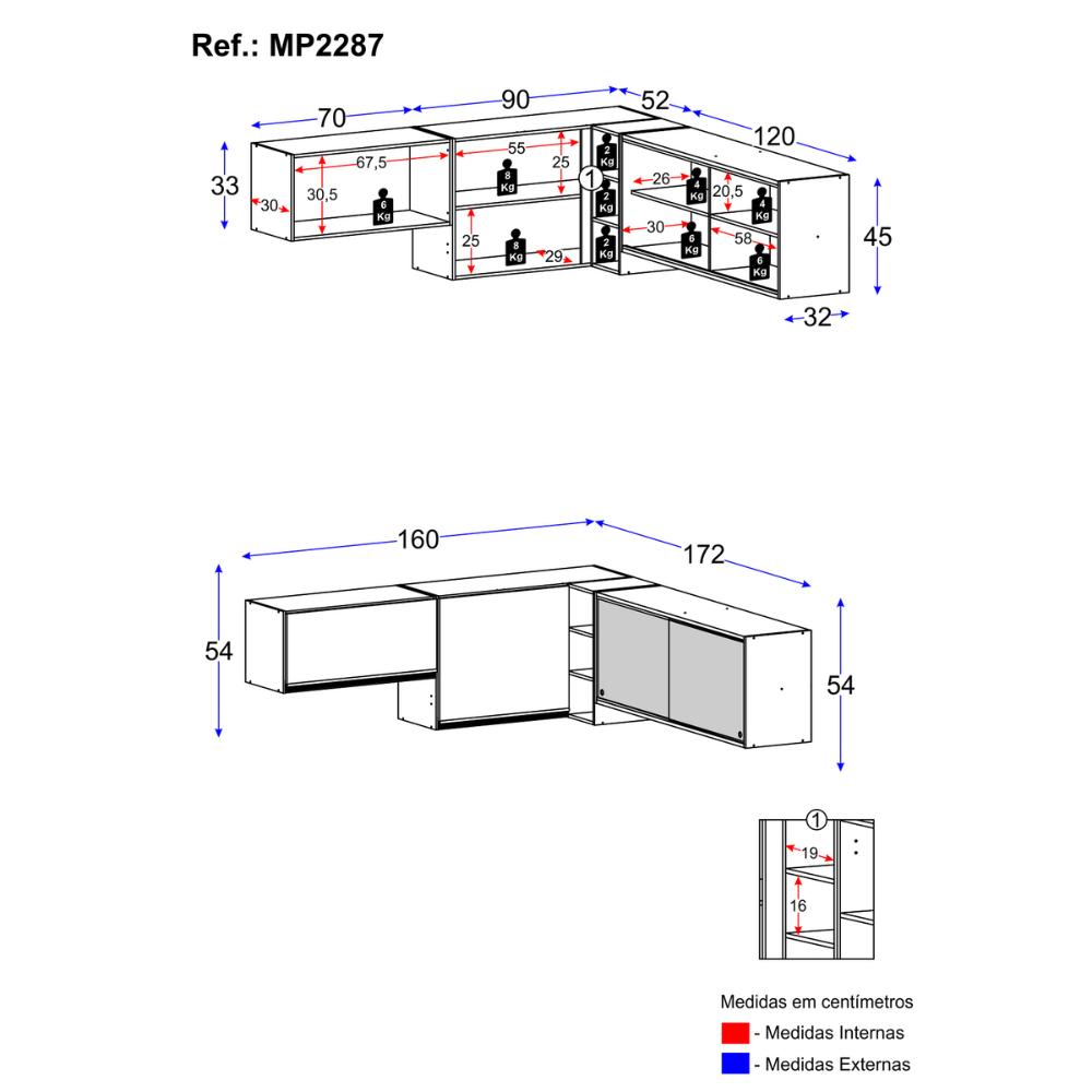 Miniatura Kit Armário Cozinha Aéreo Canto 90cm com Aéreo 70cm e Aéreo 120cm Veneza Multimóveis MP2287 Branco