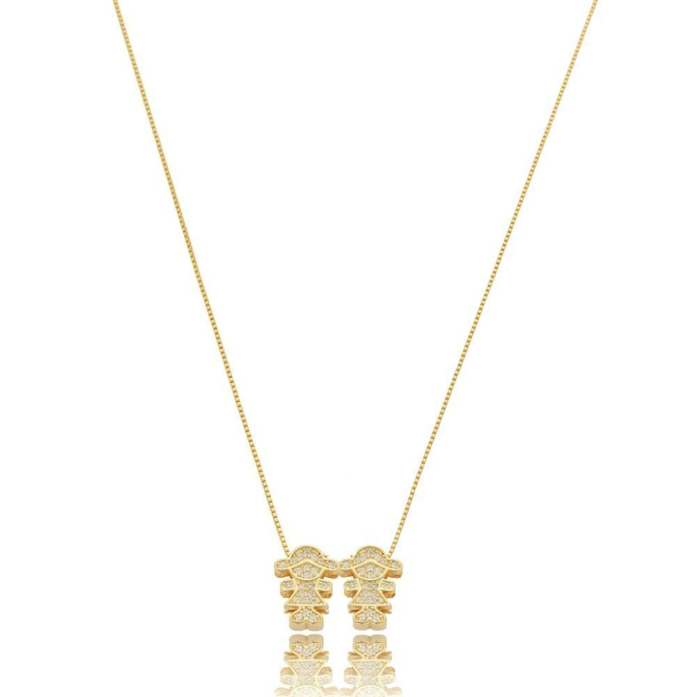 Miniatura Colar Filhas Duas Meninas Com Zirconias Banhado Em Ouro 18k