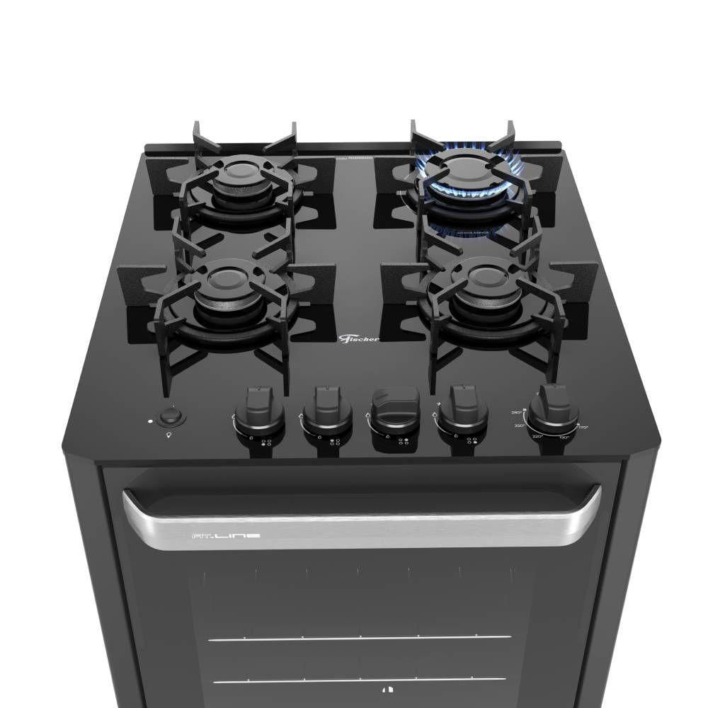 Miniatura Fogão Fischer Fit Line 4 Bocas Preto Mesa De Vidro E Trempe Iron Bivolt