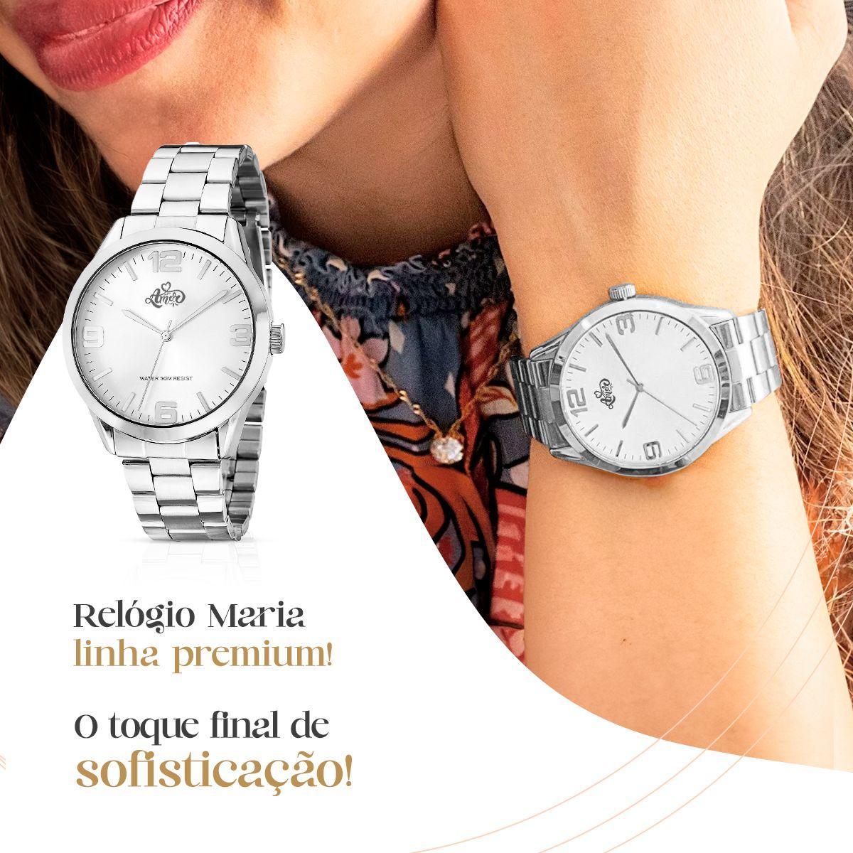Relogio Feminino Prata Aço Inox + Caixa + Pulseira + Colar