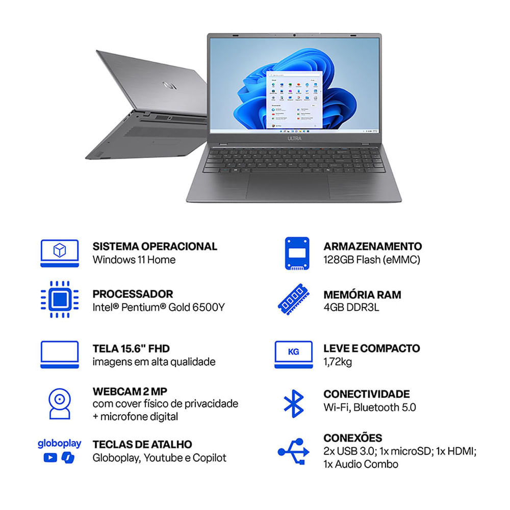 Notebook Windows 11 Home Tela 15.6 Pol. FHD Pentium Gold 6500Y 4GB 128GB e MMC Ultra UB365 Cinza