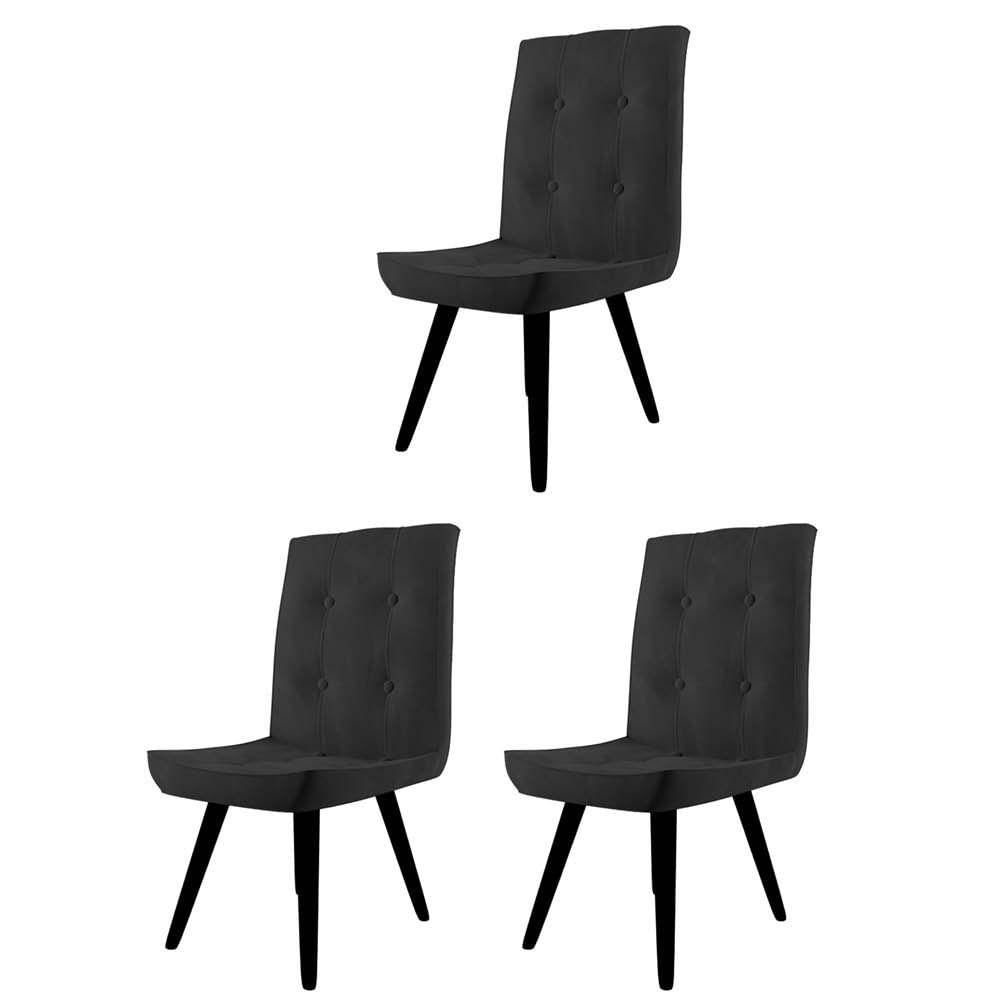 Miniatura Conjunto 03 Cadeira De Jantar Drop Com Botão Base Pé Palito Preto Suede Preto