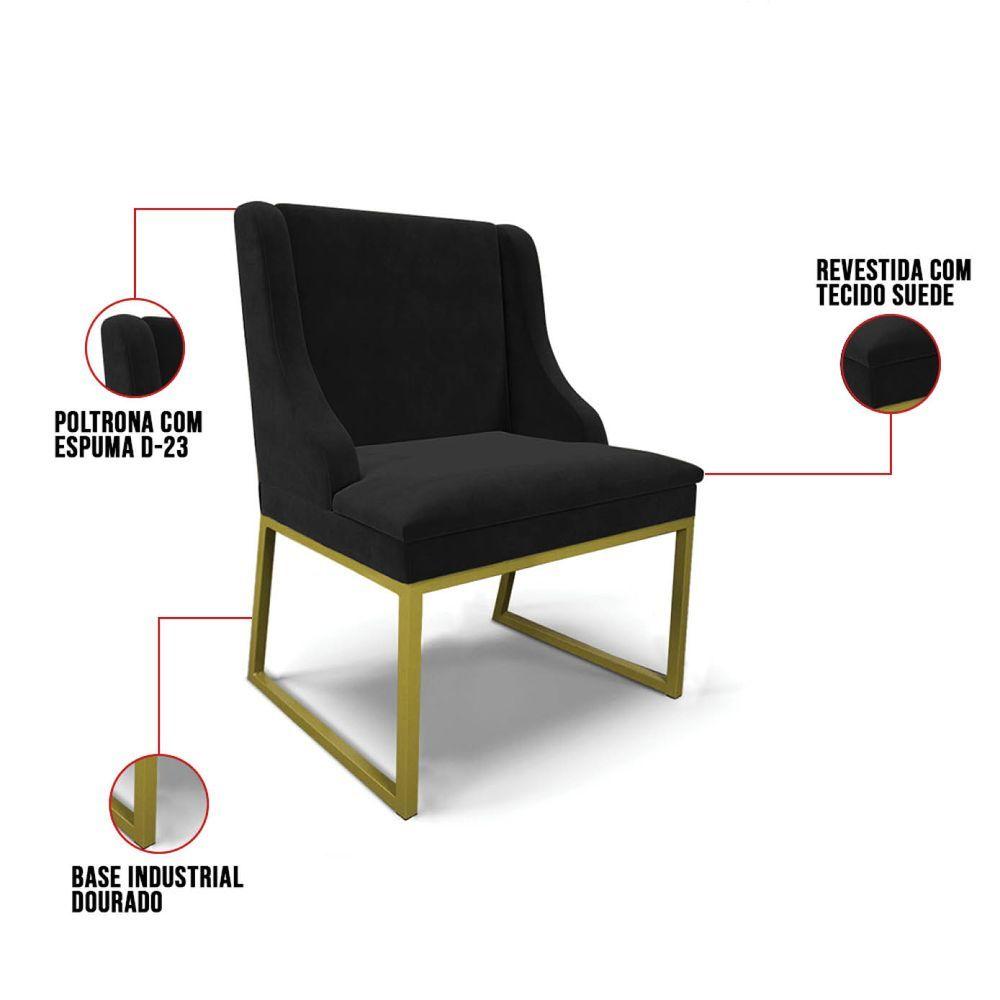 Cadeira Sala De Jantar Industrial Dourado Liz Suede Preto D03 - D'rossi