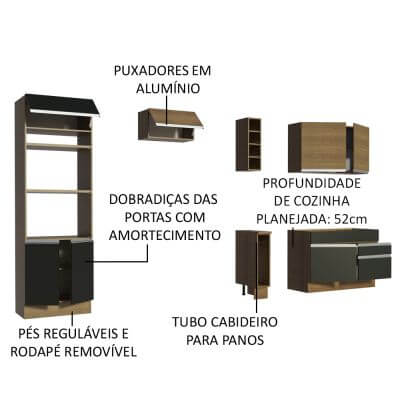 Cozinha Completa Madesa Jade com Armário e Balcão (Sem Tampo e Pia) Rustic/Preto/Rustic Cor:Rustic/Preto/Rustic