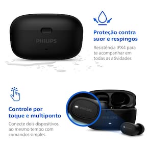 Miniatura Fone de Ouvido Philips TAT2500BK/00 Bluetooth Cancelamento de Ruído Intra-Auricular TWS 24h Bateria Preto