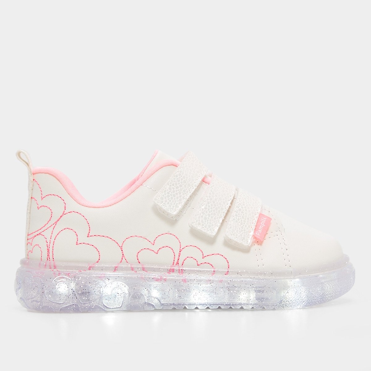 Miniatura Tênis Infantil Pampili Corações + Led Menina Branco+Rosa - 23