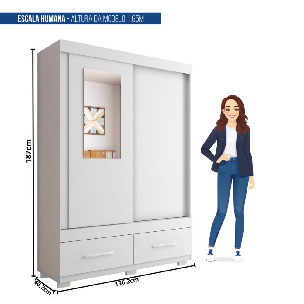 Guarda-roupa Solteiro com Espelho 2 Portas de Correr 2 Gavetas Sereno Branco
