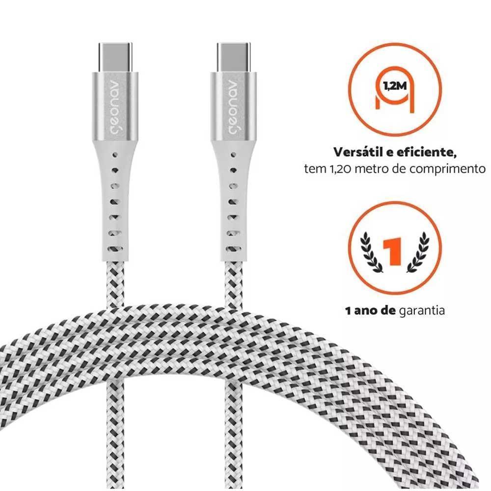 Miniatura Cabo USB-C Para USB-C Em Nylon Trançado Geonav 1,2m Branco