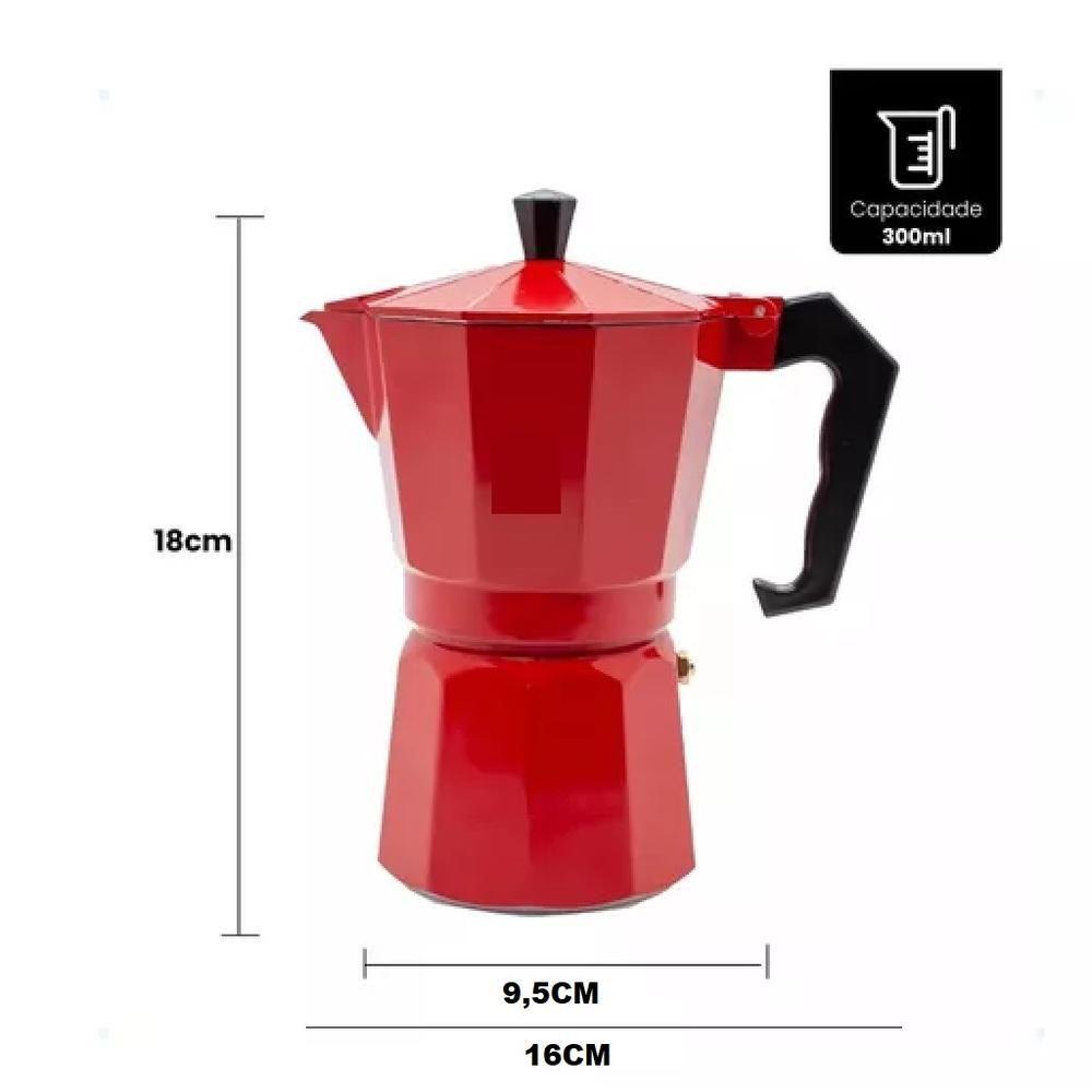 Cafeteira Italiana Moka em Alumínio 300ML para 6 Xícaras Vermelha, Ideal para Café Expresso em Casa