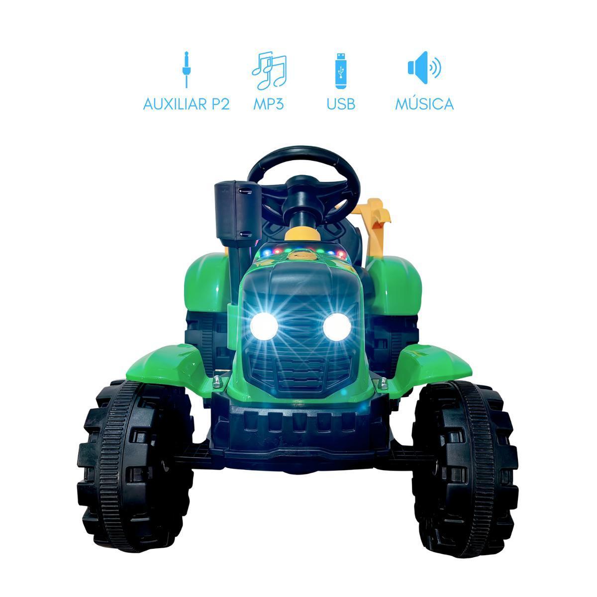 Miniatura Trator Elétrico Infantil 12V Verde Caçamba Música Mp3 Pedal