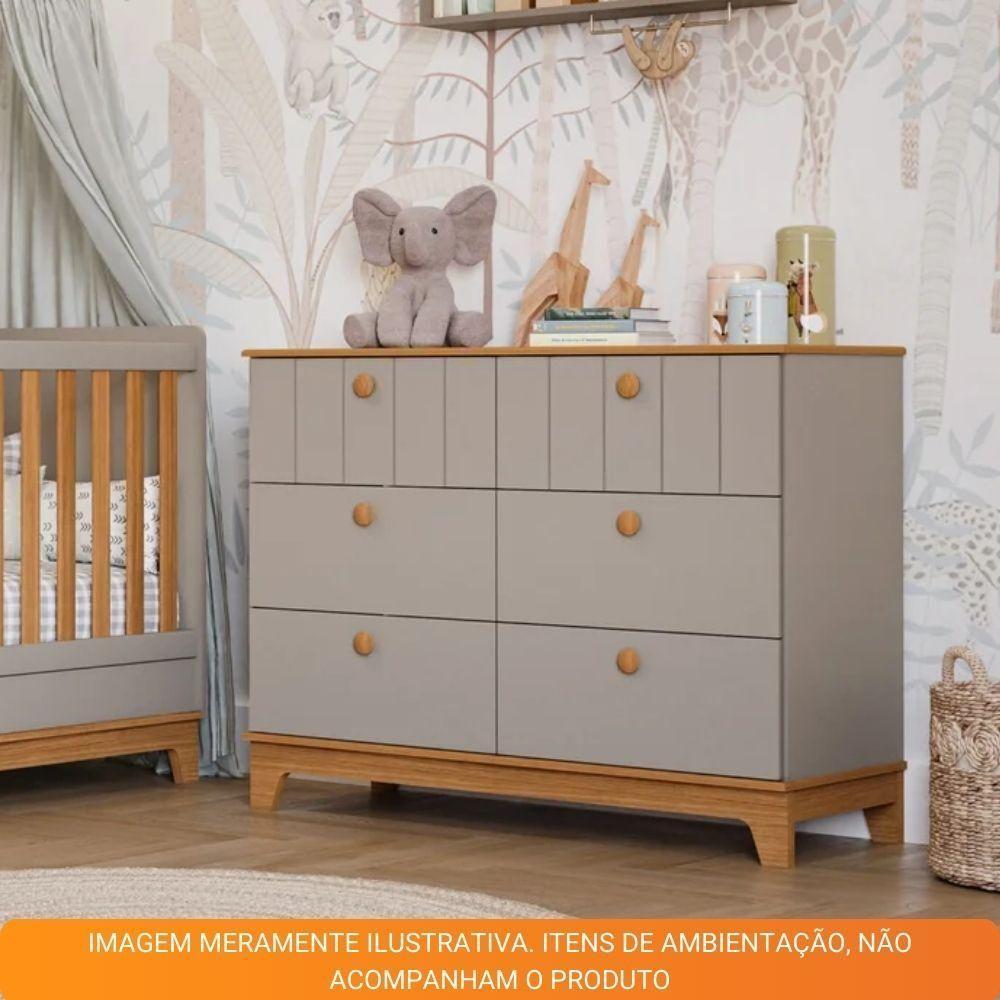 Cômoda Infantil 6 Portas MDF Puxadores Madeira Maçica Biscoito Permobili Fendi/Nature