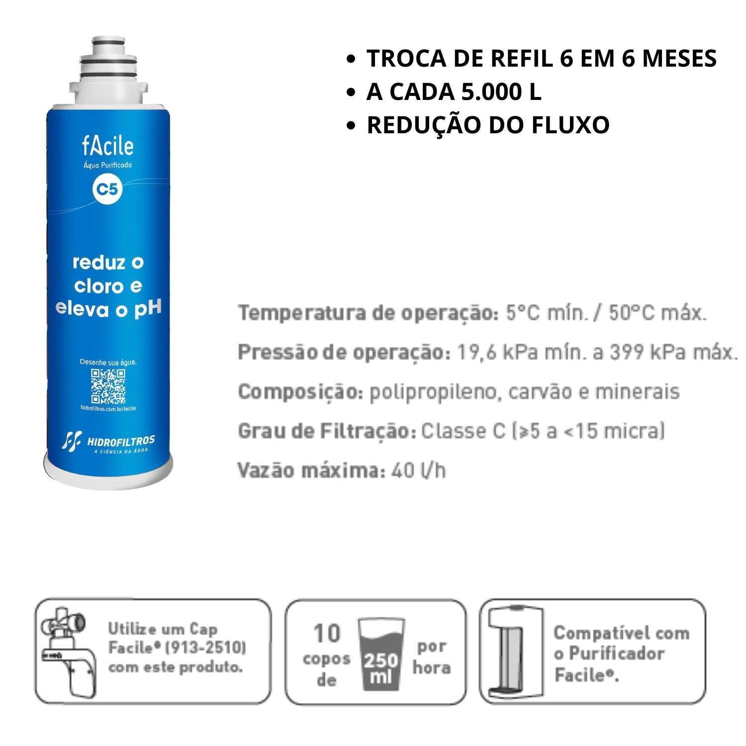 Miniatura Kit 2 Refil C5 Filtro Agua Purificador Facile Mangueira Cap