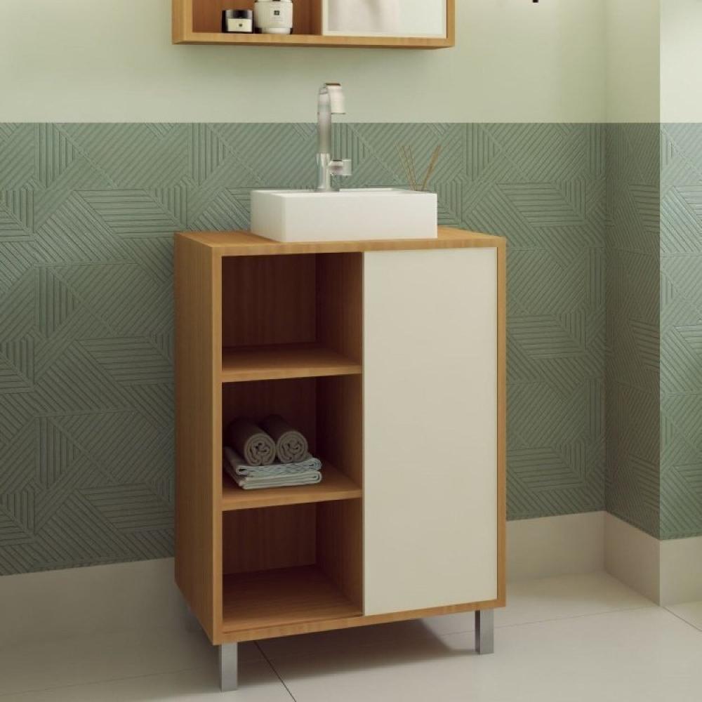 Gabinete de Banheiro 60cm Julia com Balcão 1 Porta Correr e Espelheira sem Cuba Mel/Arenas