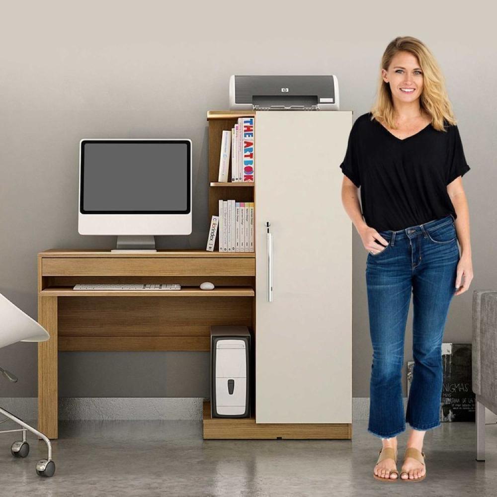 Conjunto Mesa para Computador Escrivaninha com Armário e Armário Multiuso 2 Portas com Chave Asteca Cinamomo/Off White