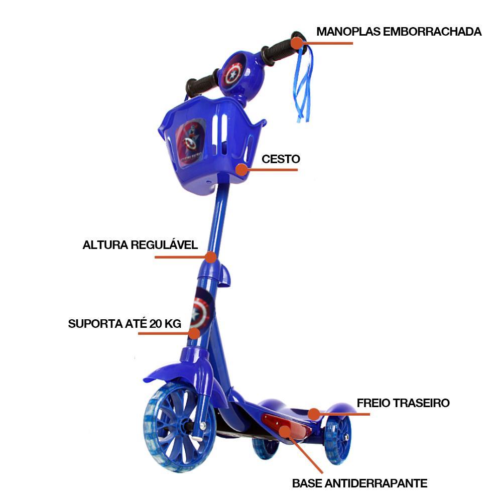 Brinquedo Patinete Capitão América Scooter 3 Rodas C Cesta.