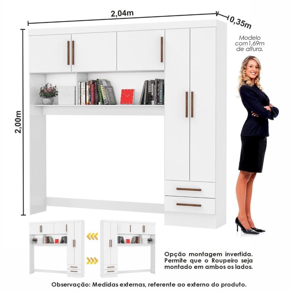 Guarda-roupa Casal Modulado 5 Portas com Cama Santiago 3 Portas com Espelho 5 Gavetas Branco