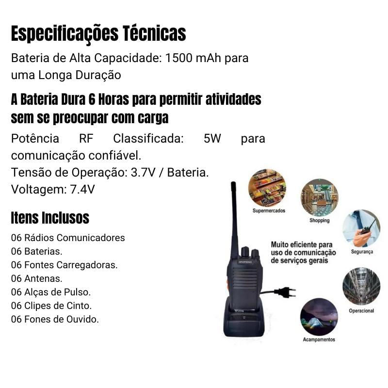 Kit 6 Radio Vhf/Uhf Walk Talk 16 Canais Comunicador Portátil