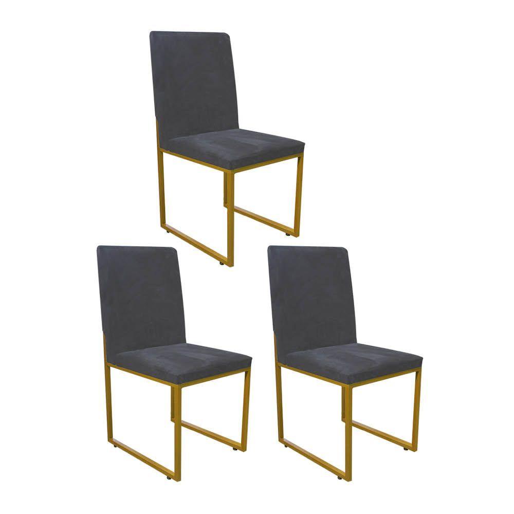 Miniatura Kit 03 Cadeira De Jantar Office Sttan Sala Ferro Dourado Corino Cinza - Ahazzo Móveis