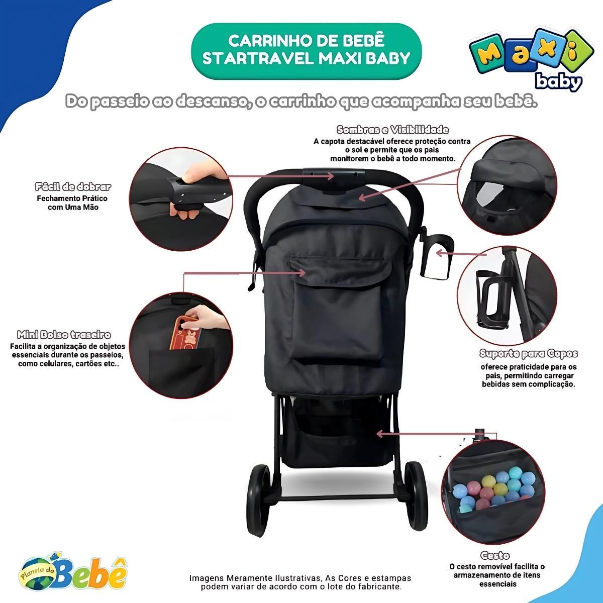 Carrinho Bebê Passeio Vira Berço Startravel Preto Maxi Baby