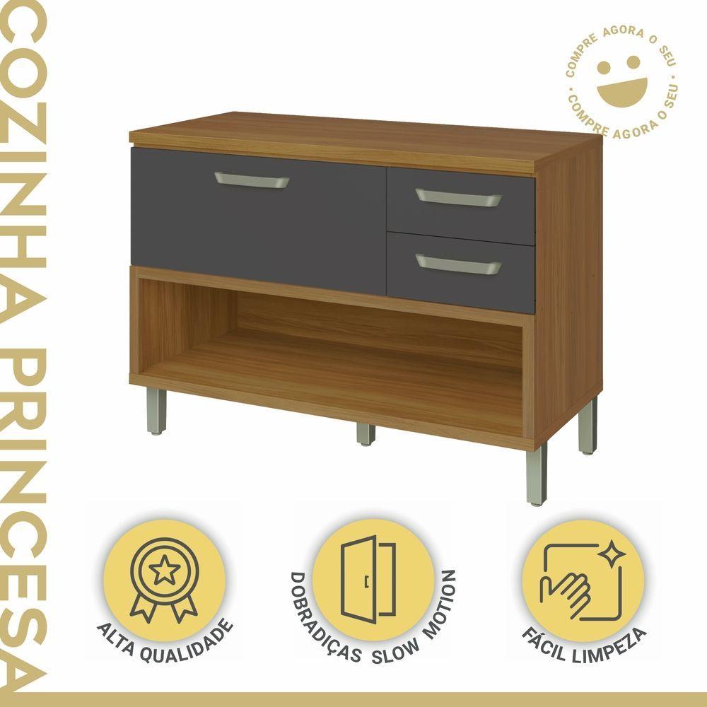 Balcão De Cozinha 1 Porta 2 Gavetas Com Caixa Organizadora 120cm Princesa Nesher Móveis