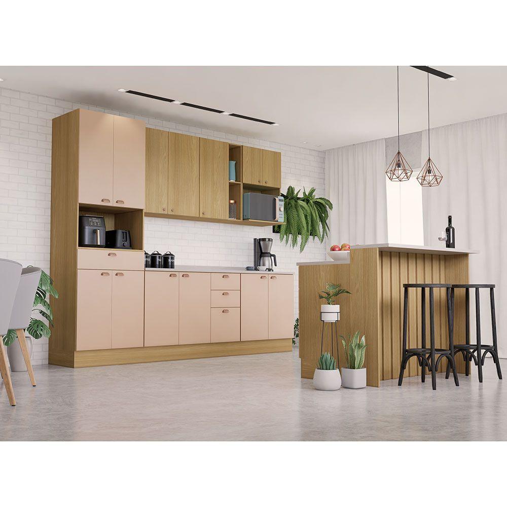 Miniatura Cozinha Modulada Completa Com Bancada Ilha 8 Peças Com Tampo Freijó/freijó Brasil/Petala Rosa