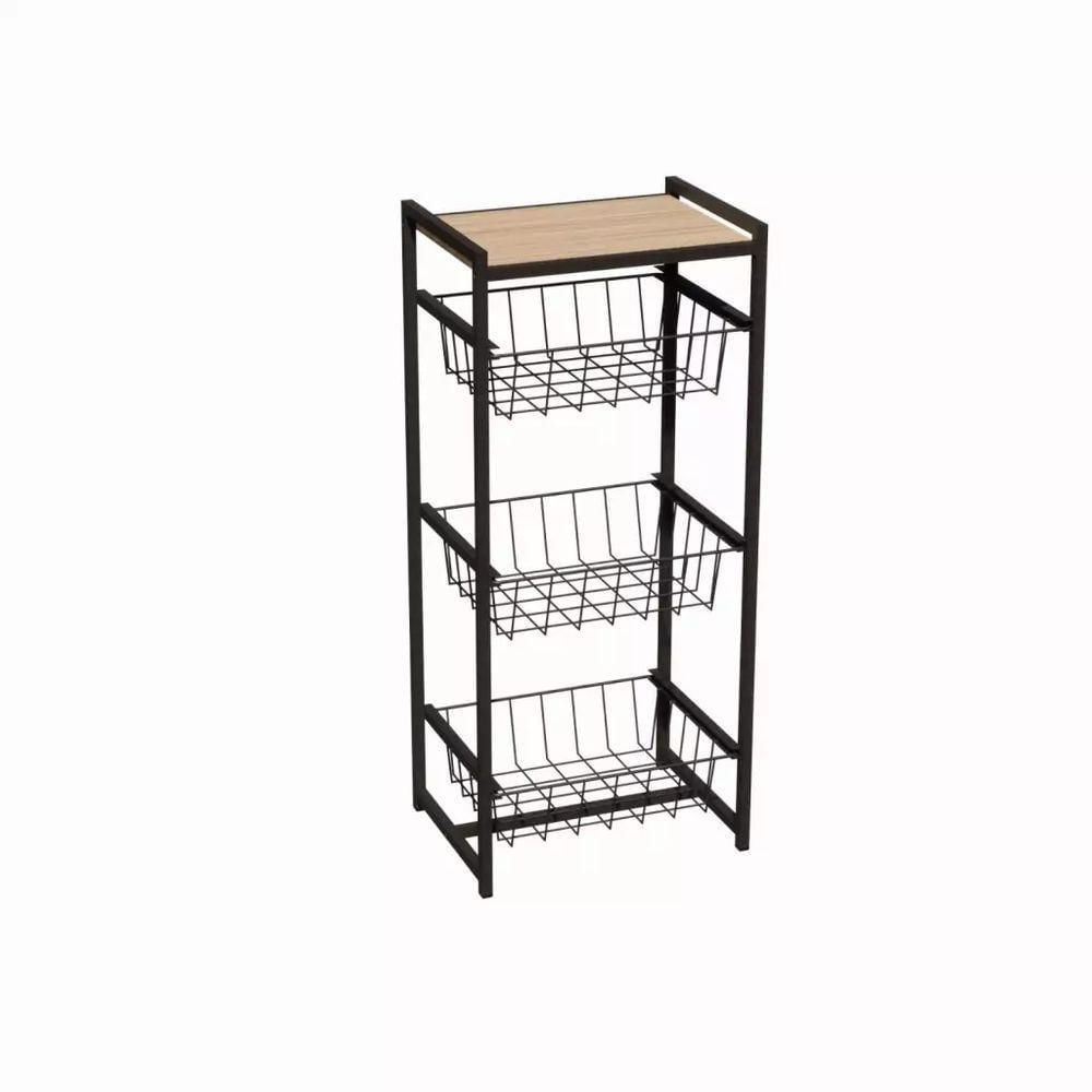 Miniatura Fruteira 3 Cestos Cozinha Preto Em Aço Base Amadeirado