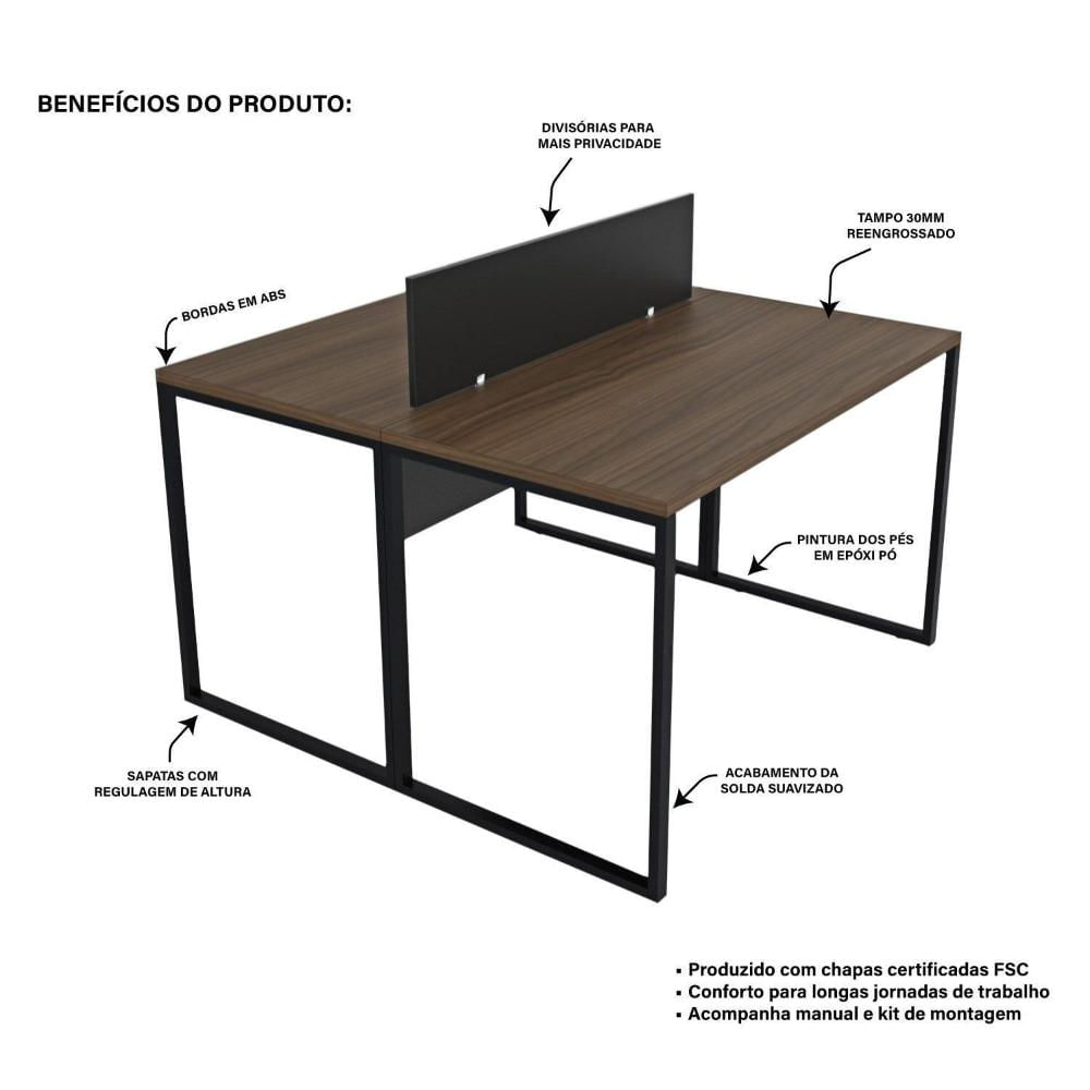 Escrivaninha para Escritório 2 Lugares Industrial Nogal / Preto