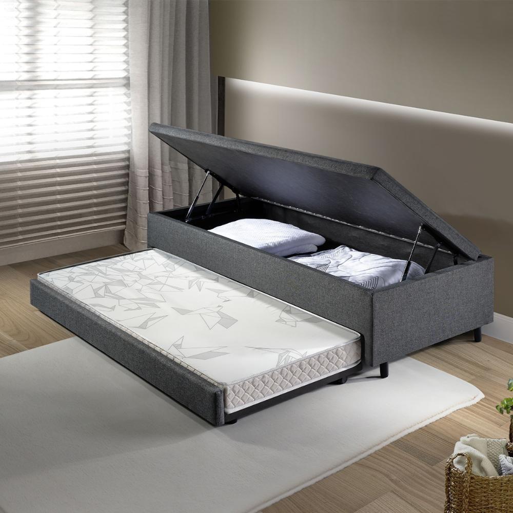 Miniatura Bicama Box Com Baú Solteirão 96x203 Com Colchão Auxiliar Linho Cinza