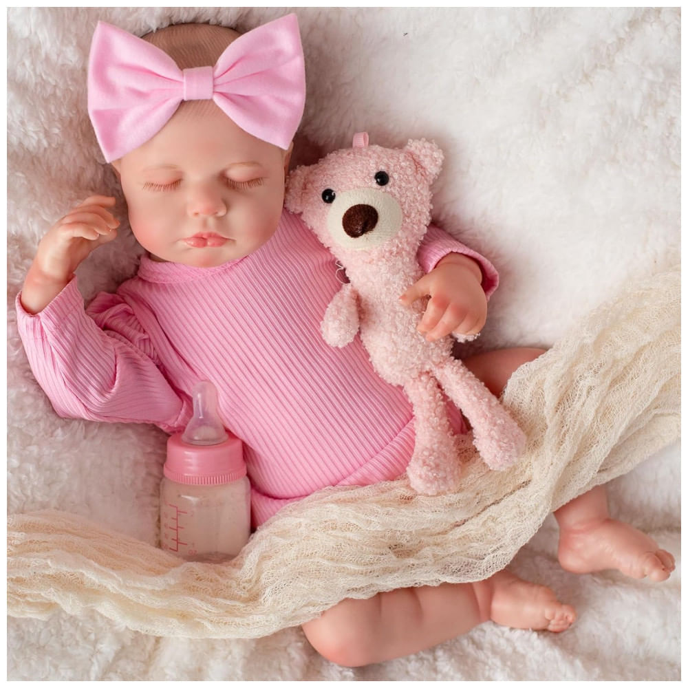 Miniatura Bebê Recém-Nascido Newborn, Boneca Bebê Reborn Realista de 45 cm Menina com Corpo de Pano e Kit de Alimentação, SPICIMOMO