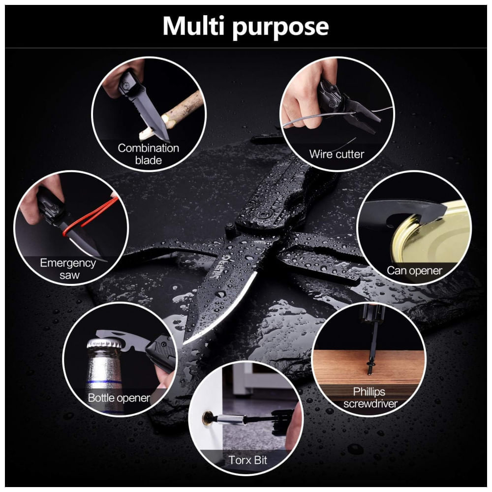 Alicate Multifuncional, Aço Inoxidável com Estojo de Nylon e Conjunto de Bits, SIUPRO, Preto