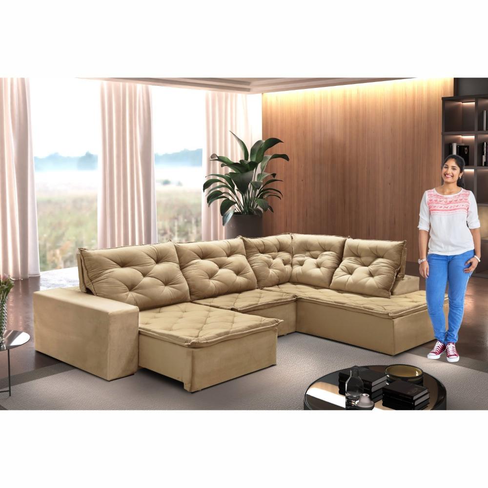 Sofá de Canto com Chaise 3 Lugares M136 Martins Estofados Veludo/Bege