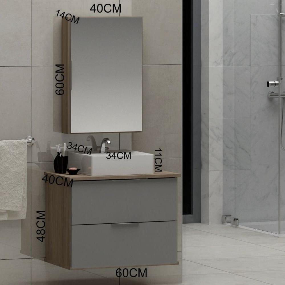 Miniatura Gabinete Banheiro 60cm com Cuba Sobrepor e Espelheira Rubi Gabinetes Joia Amadeirado/Cinza