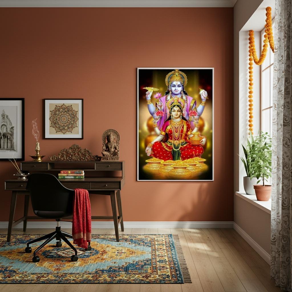 Miniatura Quadro O Deus Hindu Vixnu E A Deusa Lakshmi - 70X50Cm