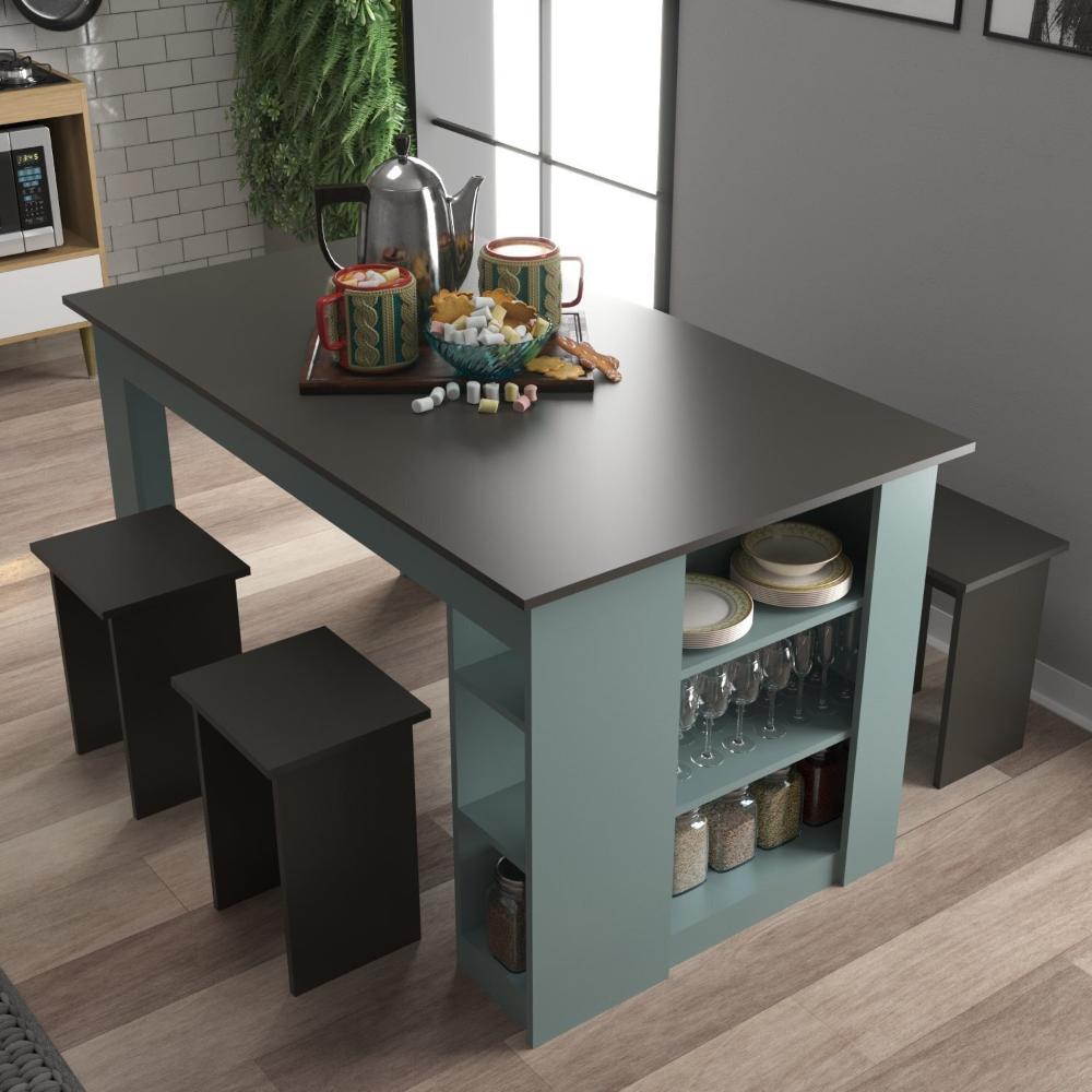 Miniatura Mesa 140 Cm com 4 Banquetas e Prateleira Esmeralda Grafite /Cinza