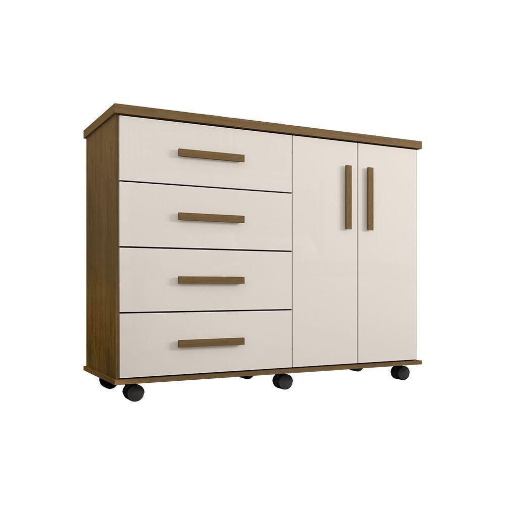 Miniatura Cômoda Geval Encanto Com 04 Gavetas 02 Portas E Rodízios - Amêndoa/Off White - Cor: Bege
