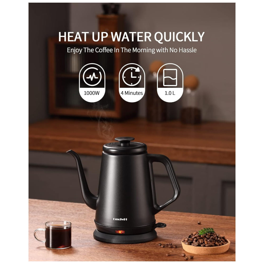Miniatura Chaleira Elétrica DmofwHi Gooseneck 1,0L, 1000W em Aço Inox 304, Desligamento Automático, Preto Fosco