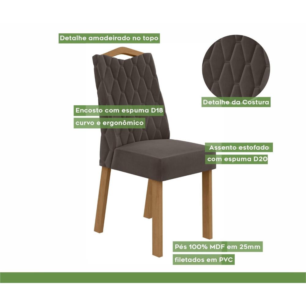 Conjunto 2 Cadeiras para Sala de Jantar Estofadas Vênus Amêndoa Clean/Veludo Liso Marrom