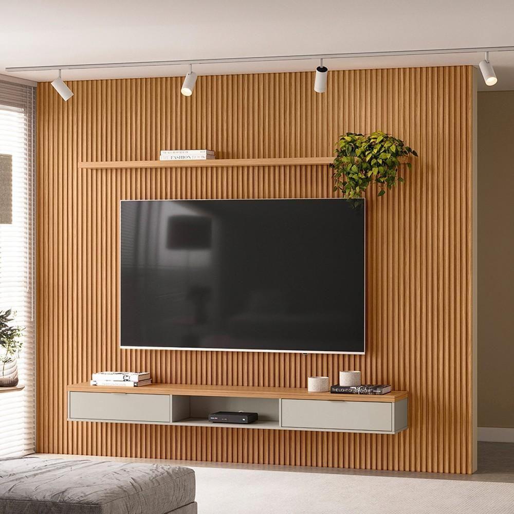 Miniatura Painel Ripado Para Tv 75 Pol. Com Bancada 297cm Prime Plus L06 Nature-off White - Mpozenato