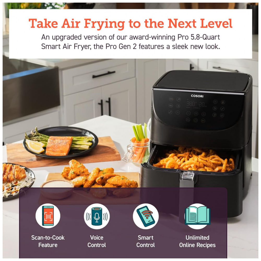 Miniatura AirFryer 11 em 1 com 5.5 Litros de Capacidade e Controle por APP e Painel Digital COSORI, 110V 1700W, Preto 110v