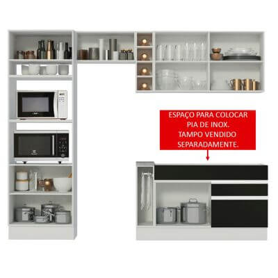 Cozinha Completa Madesa Jade com Armário e Balcão (Sem Tampo e Pia) Branco/Preto/Branco Cor:Branco/Preto/Branco