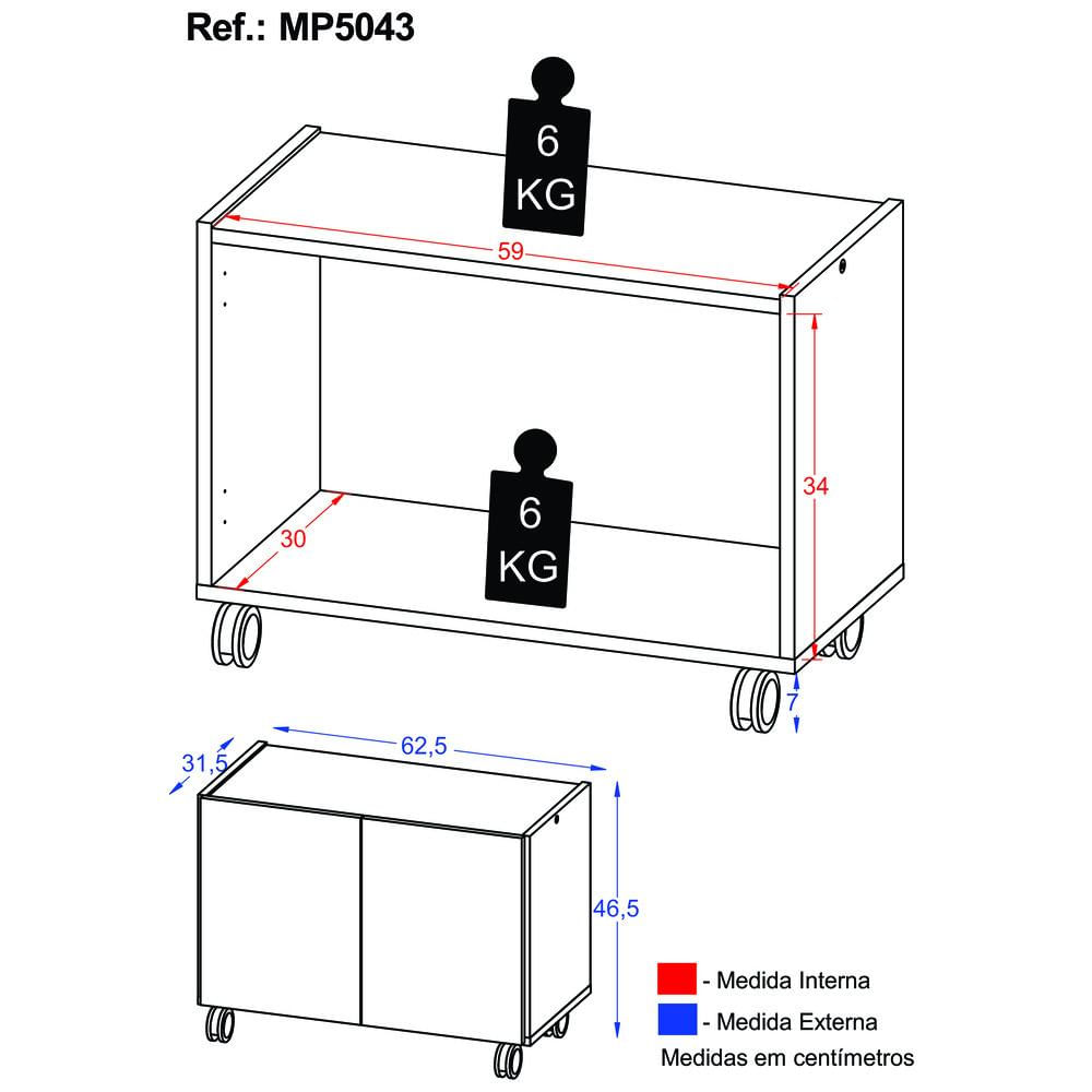 Miniatura Gabinete Armário de Banheiro 62,5cm com Rodízios 2 Portas Multimóveis MP5043 Branco