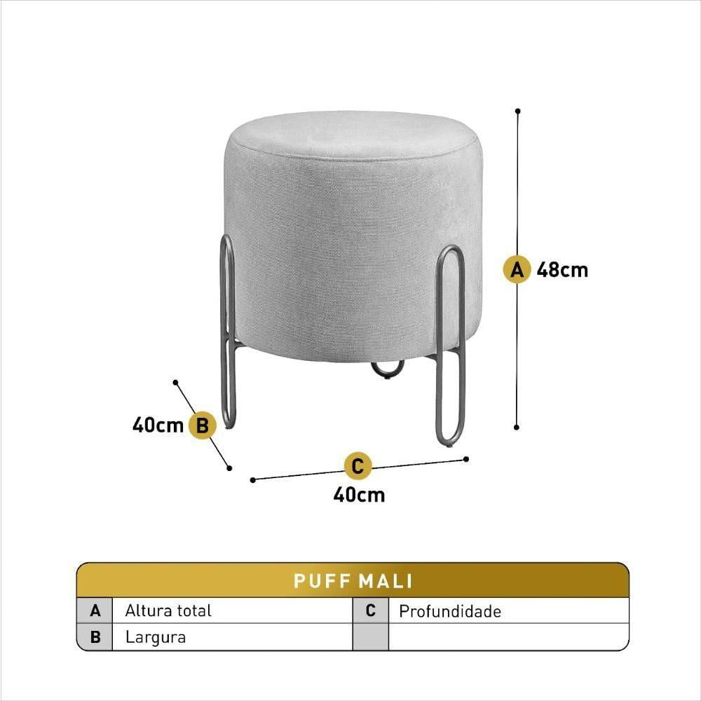 Miniatura Conjunto - 2 Puffs Banqueta Mali Luxo Base Metálica Preta Linho Cinza